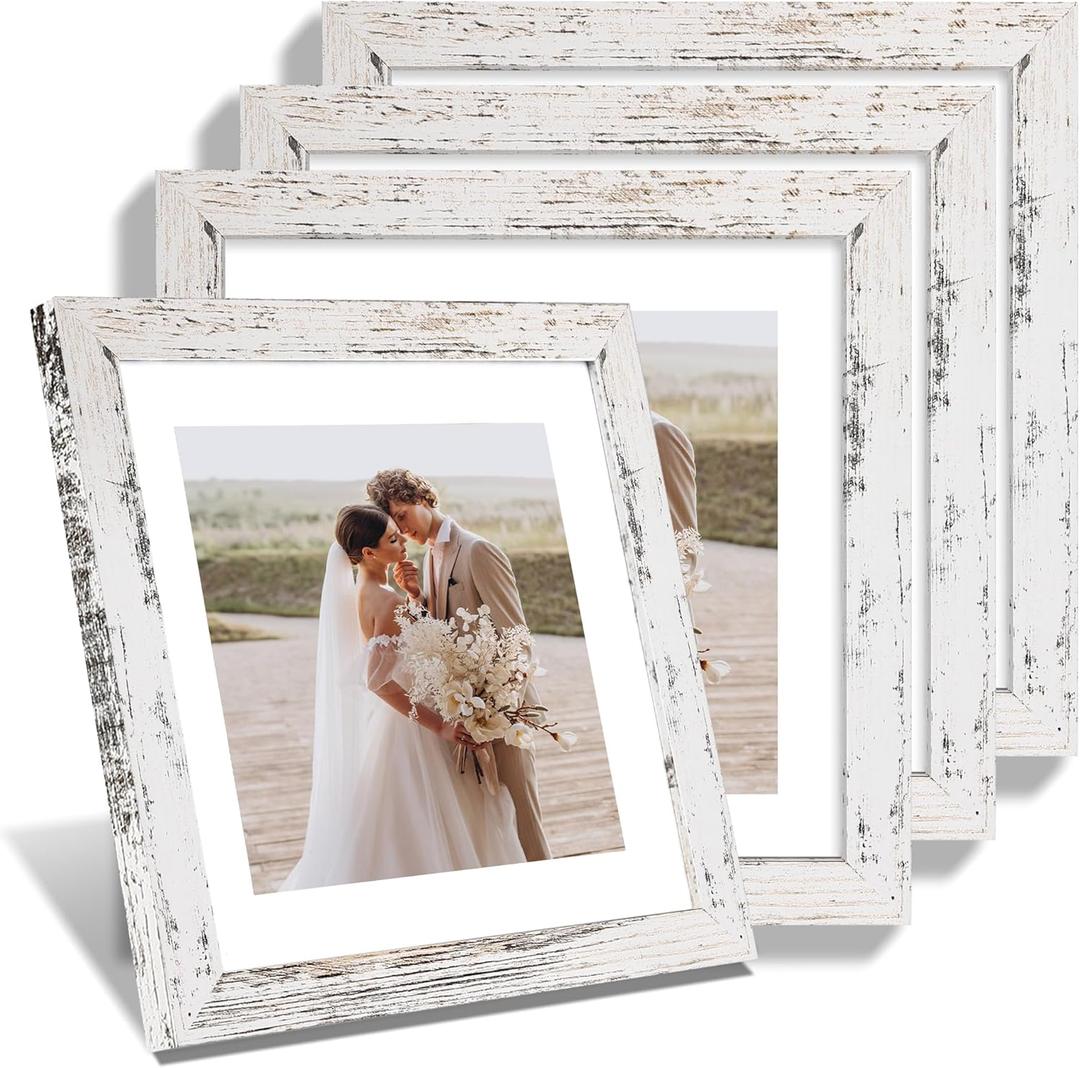 10x10 Picture Frame Set of 4, Made of Glass and Distressed White Wooden Frame - Display Picture 8x8 with Mat or 10 x 10 Without Mat, 10 by 10 Photo for Wall or Tabletop