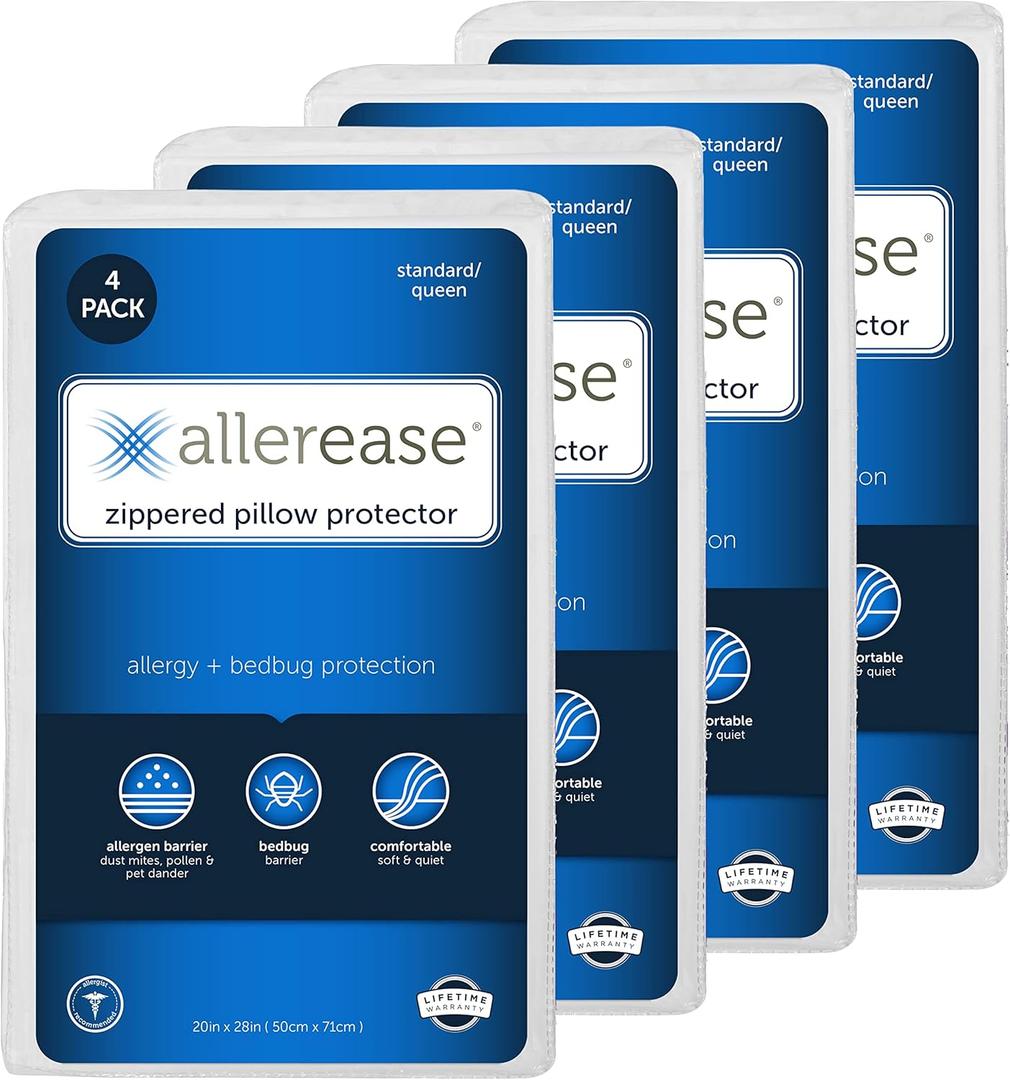 Set of 4 Standard/Queen AllerEase Pillow Protectors - Moisture Wicking, Advanced Allergy Protection - Premium Polyester, Zippered Protectors