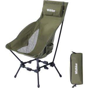 Wildhiker Compact High Back Camping Chair - Foldable with Dual Sitting Modes, Pillow, Arm Pads and Side Pockets - Lightweight Portable Chair for Motorcycle, RV, Festival, Travel - Green