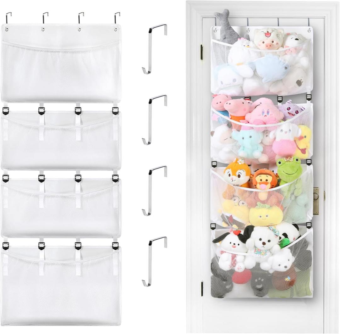 POVETIRE Stuffed Animal Storage, Large Felt Over Door Stuffed Animal Organizer for Holder Adjustable Hanging Stuff Animal Organizer Holder Ideas for Kids Wall Bedroom Room Decor (White)