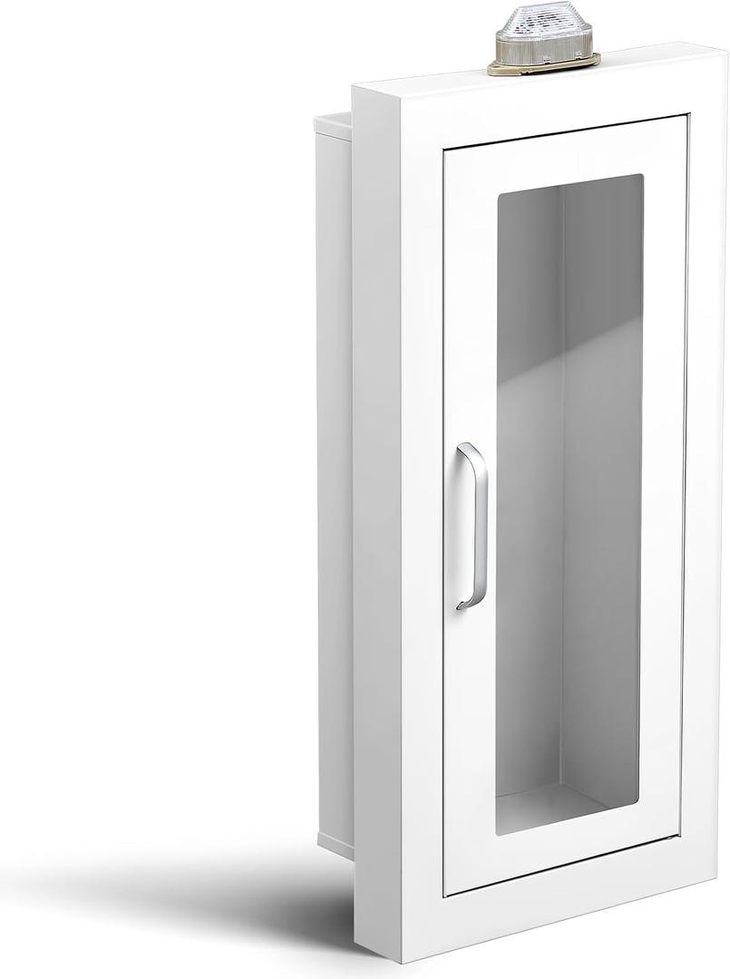 Zonon 10lb Recessed Fire Extinguisher Cabinet with Alarm, White Steel Wall-Mounted Safety Box, Magnetic Door & Clear Window for 2.5/5/10 lb Fire Extinguishers(Wide Edge)