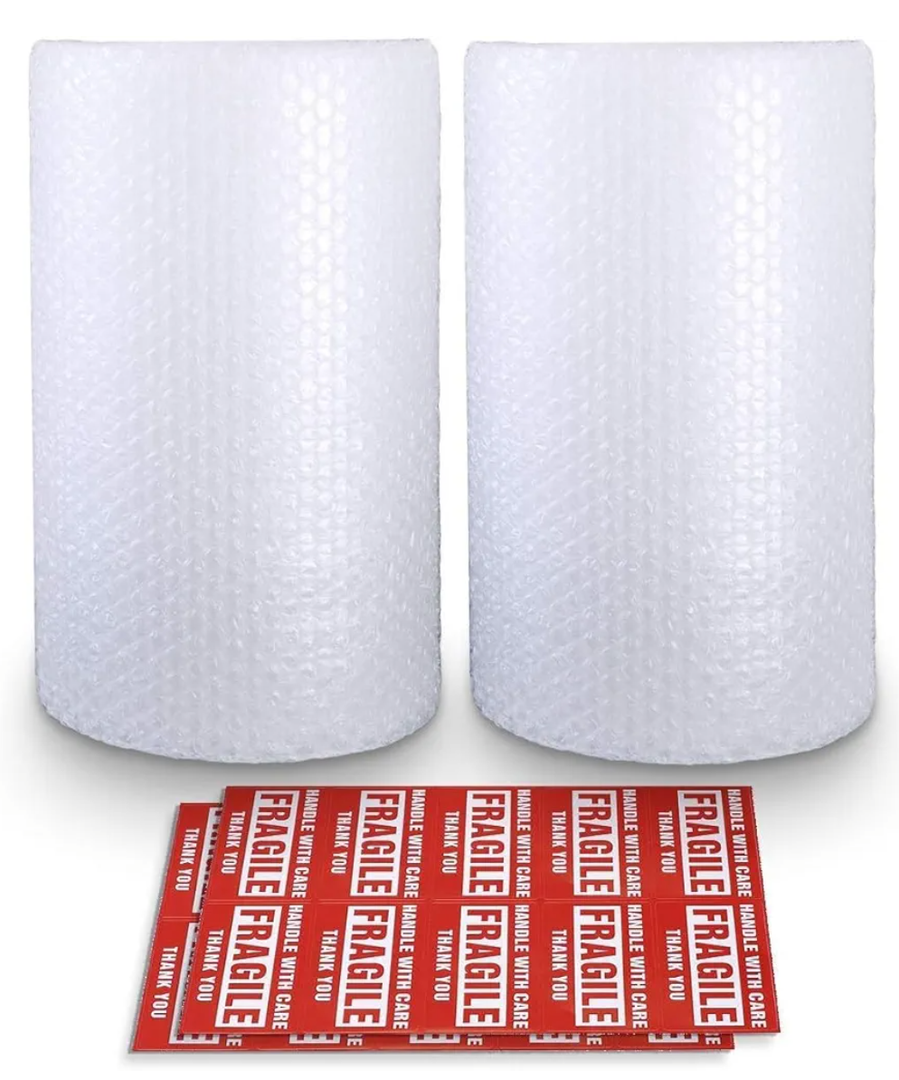 Bubble Cushioning Wrap Rolls, 3/16" x 12" x 72' ft Total [2 Rolls of 36 Feet] Perforated Every 12", 20 Fragile Stickers for Packaging, Shipping, Mailing