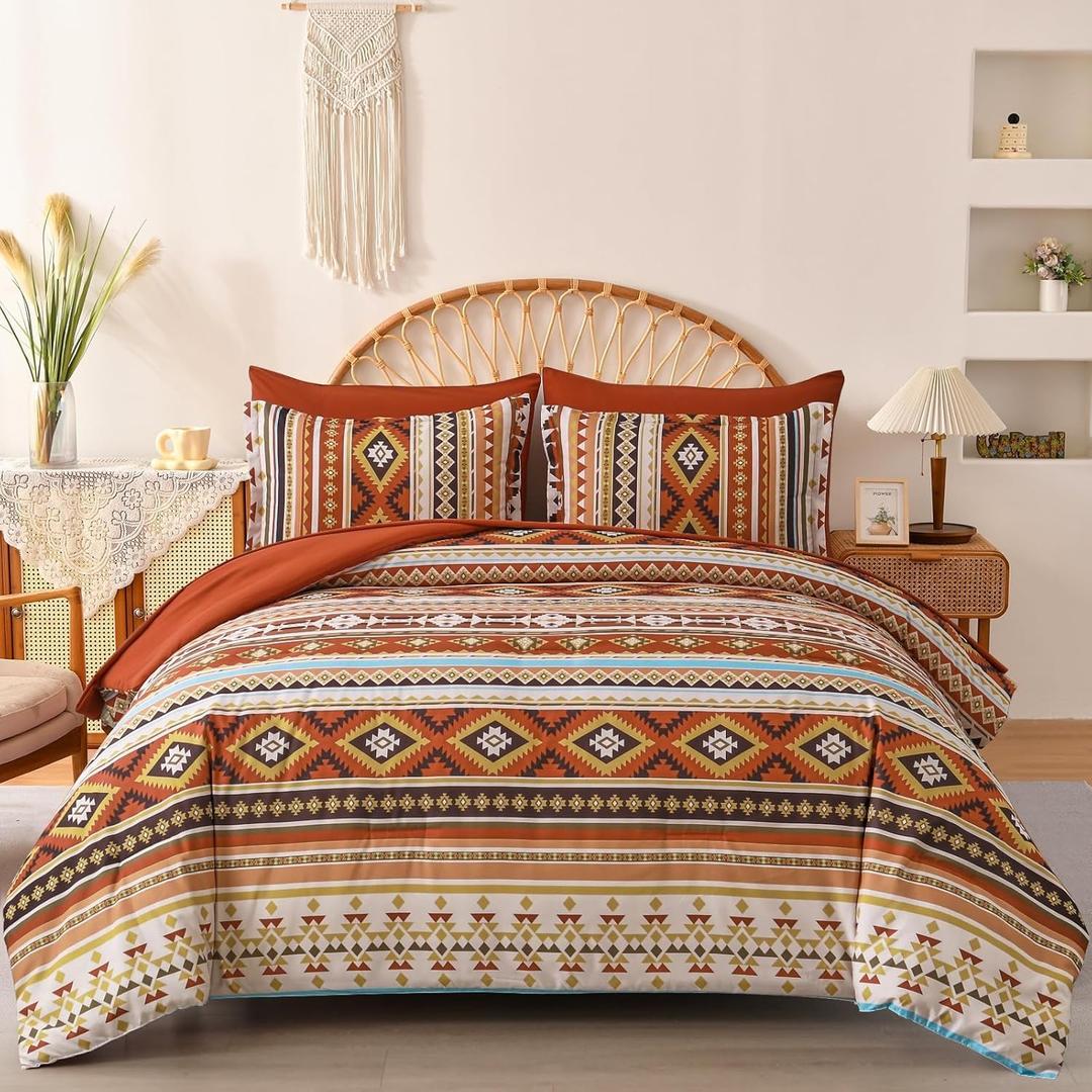 Dinjoy Queen Size Comforter Set Boho,Burnt Orange Bed in a Bag Queen Striped Bedding Sets Fall Terracotta Comforters with Sheets 7 Pieces Complete Set Aztec for All Season 90"x90"