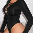 WDIRARA Women's Lace Up Deep V Neck Bodysuit Long Sleeve Criss Cross Sexy Body Suit (Black, S)