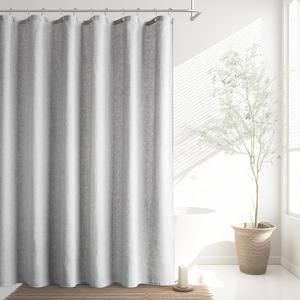 Light Grey Linen Shower Curtain, Boho Farmhouse Shower Curtain Set for Bathroom, 200GSM Luxury Weighted Water Resistant Fabric Textured Shower Curtains with 12 Metal Hooks, 72Wx72H