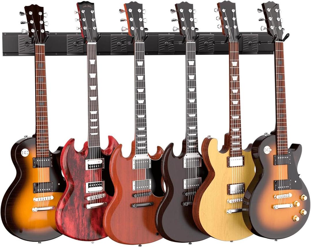 Guitar Wall Mount, Woodgrain Rack with 6 Adjustable Guitar Hangers, Guitar Wall Hanger with Pre-Drilled Holes, 48" Alloy Steel Multiple Guitar Holder Stand
