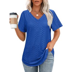 OFEEFAN V Neck T Shirts for Women Short Sleeve Casual Tops Workout Trendy V Neck Cute Shirts 2026 Teacher Outfits for Women Clothing Summer Blue, XL
