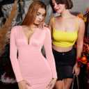 GOBLES Women's Sexy Long Sleeve V Neck Ruched Bodycon Mini Party Cocktail Dress (Pink, S)