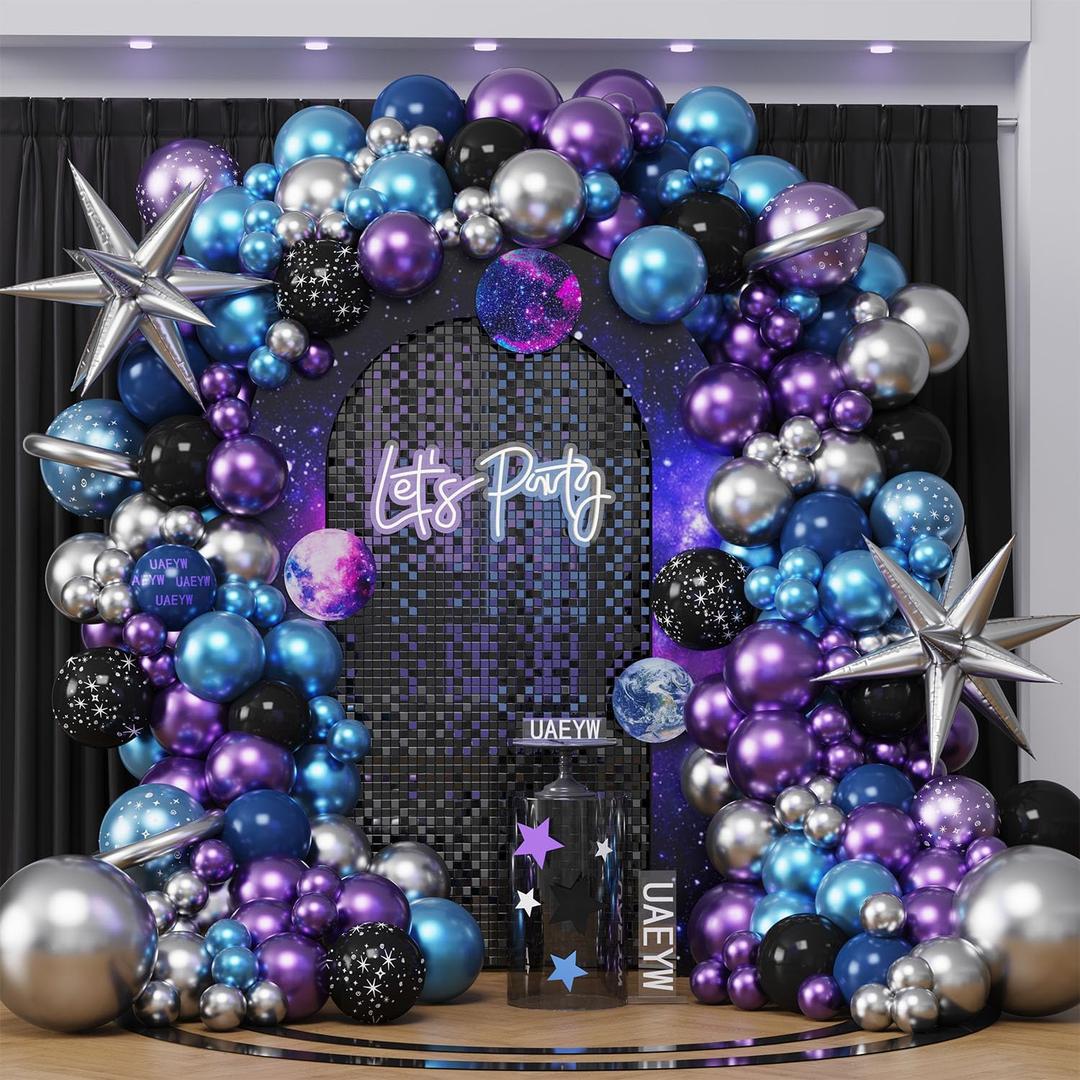 Galaxy Space Balloon Arch Garland Kit for Outer Party Decorations,144Pcs Chrome Metallic Blue Purple Silver Navy Blue Black Balloons for Boys Kids Baby Shower Party Supplies