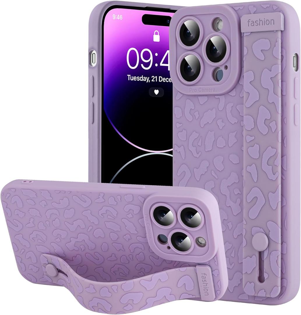 OOK Compatible with iPhone 15 Pro Max Purple Leopard Case with Wrist Strap, Leopard Cheetah TPU Shockproof Protection Slim Silicone Cover with Camera Lens Protection for Women Girls, for 6.7inch