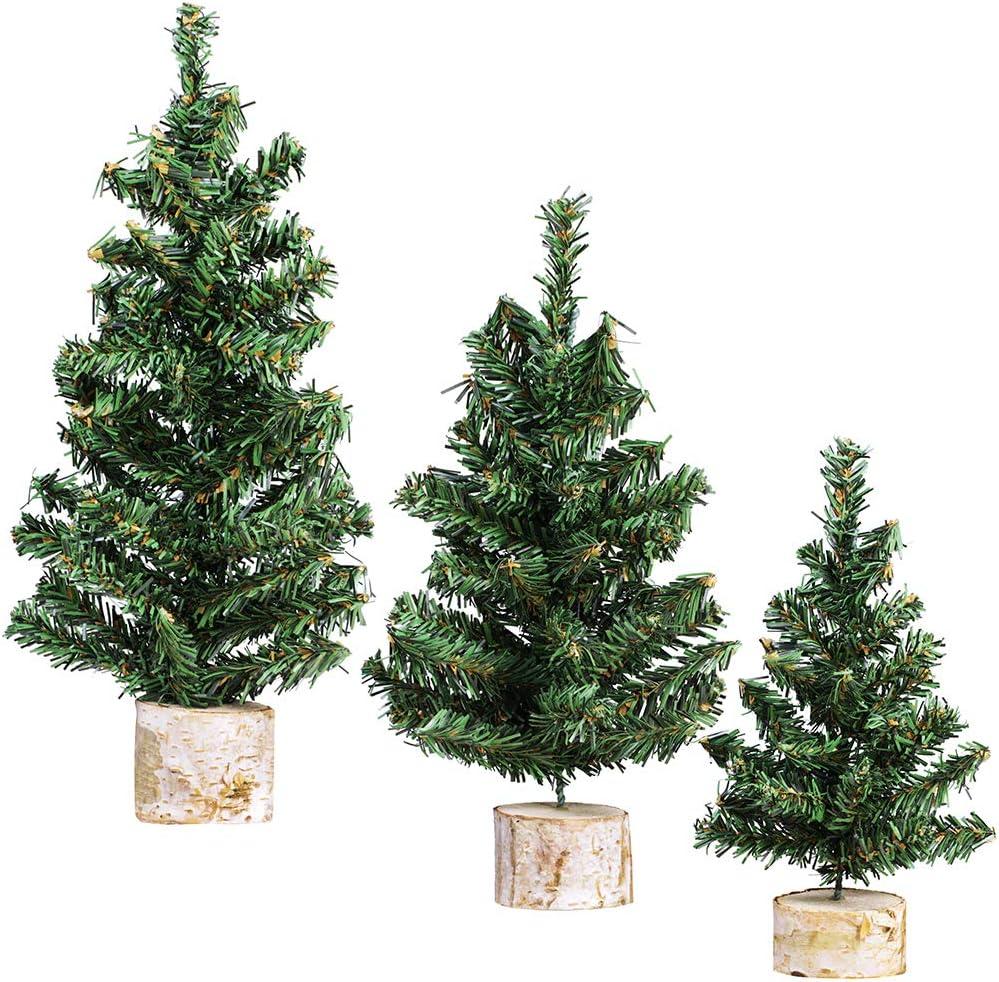 Winlyn 3 Pack Mini Canadian Pine Trees with Wood Bases Artificial Miniature Christmas Trees for Holiday Season Tabletop Decoration Centerpiece Displays Xmas Green Assorted Sizes 7.5" 8.9" 10.8"