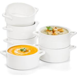 SOUJOY 6 Pack French Onion Soup Bowls, 22Oz Porcelain Serving Soup Bowls with Handles, Oven Safe Crocks for Soup, Cereal, Chill, Pot Pie, Beef Stew