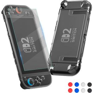 FUNDIARY Clear Skins for Nintendo Switch 2 Shell PC Hard Case Protector Switch 2 Transparent Protective Cover Accessories with Screen Protector and 8 Thumb Caps - Not Easy to Fall Off