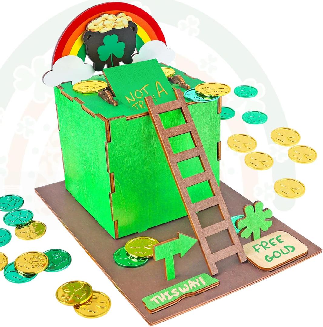 RGJ St Patrick's Day Leprechaun Trap Kit for Kids, Wooden DIY Leprechaun Trap Craft Kit to Catch A Leprechaun, St Patrick's Day Decorations for Kids Party Supplies (Finished Painted) (Green)