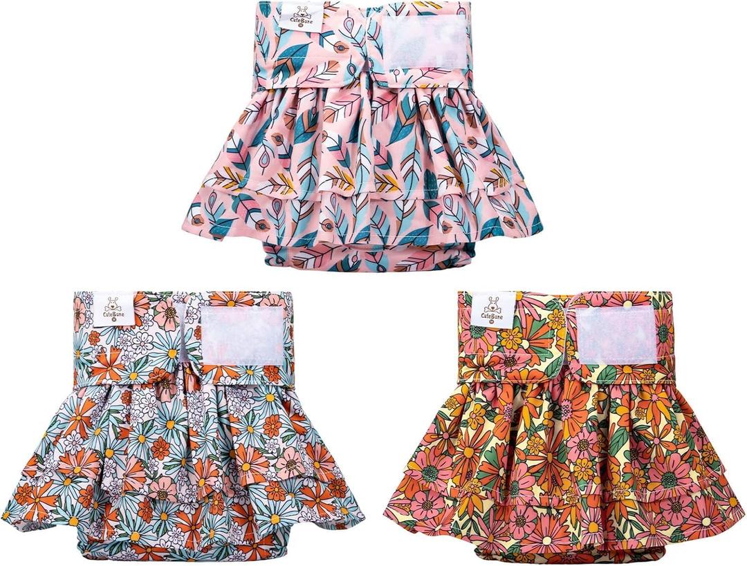 CuteBone Female Dog Diapers with Skirts 3 Pack Reusable Puppy Dresses Pants for Heat Cycle Period QBD12XS