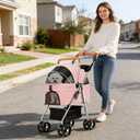 YYW Pet Stroller for Small Dogs & Cats, 3 in 1 Foldable Kittens Puppies Travel Strolling Cart with Removable Carrier, Cup Holder, Storage Basket & Lockable Wheels(Pink)