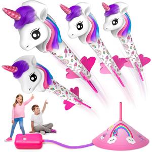 beefunni Unicorn Rocket Launcher for Kids, 4 Unicorns Outdoor Toys for Girls, Christmas Easter Birthday Gifts for Girls Ages 2 3 4 5 6 7 8 Years Old, Fun Indoor Toys for Kids Ages 2-4-6 Years Old (Multicolored)