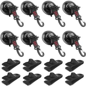 Vashly Heavy Duty Suction Cup 8Pcs Strong Suction Cups with Hooks and 8Pcs Tarp Clips Deavy Duty Lock Grip for Car Awning Boat Camping Trap Tie Down