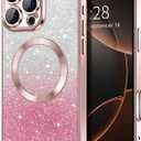 Hython for iPhone 16 Pro Max Case Clear Magnetic Glitter Phone Cases [Compatible with MagSafe] Full Camera Lens Protector Slim Gradient Sparkle Luxury Plating Shockproof Protective Cover Women, Pink