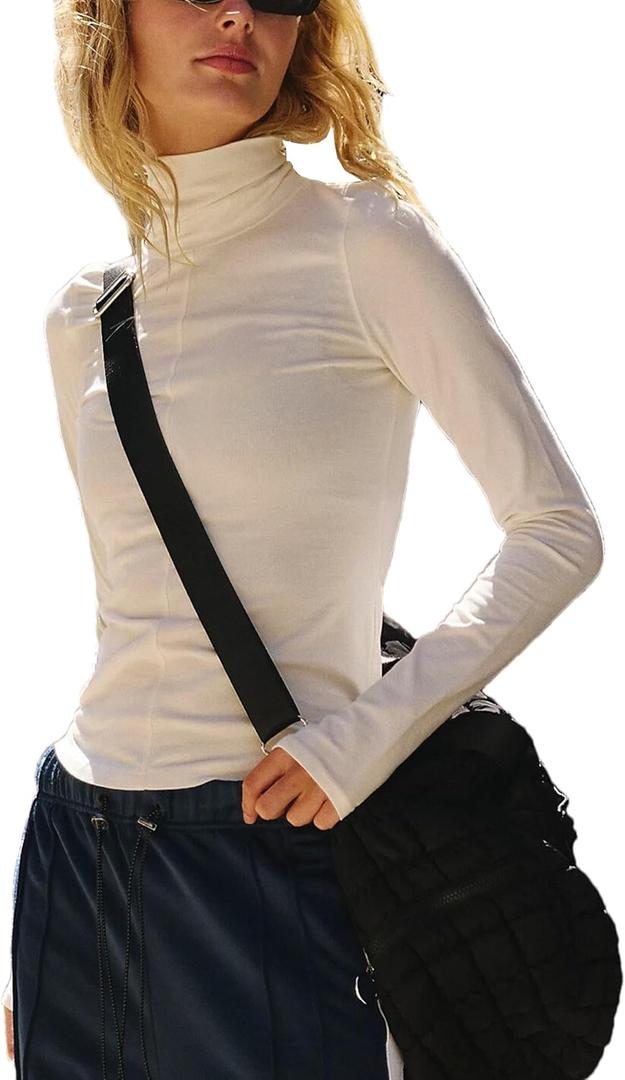 Womens Long Sleeve Turtleneck Shirt Crop Basic Tops Slim Fitted Top Going Out Y2K T Shirts (White, S)