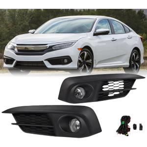 Fog Lights Assembly Compatible for 2016 2017 2018 Honda Civic Front Bumper Fog Light Driving Lamps w/Switch/Bulb Clear Lens