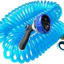 Recoiled Garden Water Hose 3/8"ID x 50ft Premium Water Nozzle Sprayer 10 Adjustable Patterns With 3/4"Inch Brass Fittings Retractable, Non-Kinking Outdoor Patio Hose Marine & Boat, Blue(50')