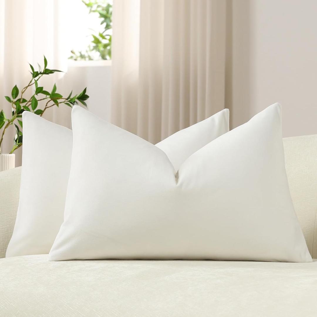 DEZENE Lumbar Pillow Covers 12x20 Ivory White: Pack of 2 Cozy Soft Velvet Rectangular Modern Luxury Decorative Throw Pillow Cases for Sofa Couch Living Room Bed Home Decor (Cloud Danser)