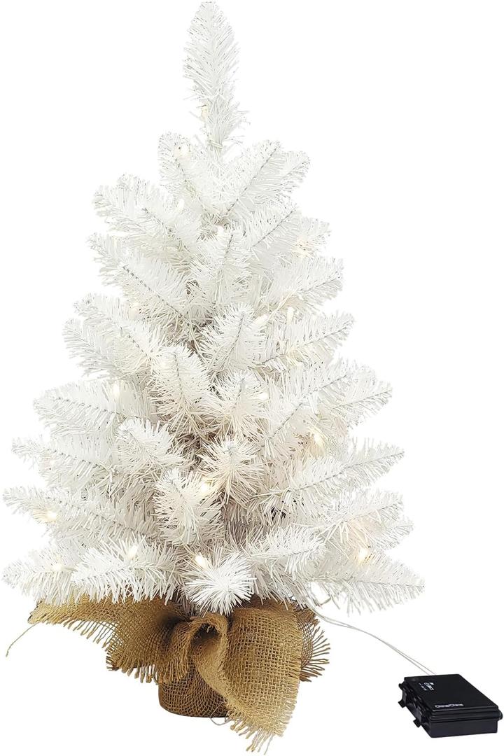 SENNOUL Small Christmas Tree with Lights, 2ft Pre Lit Artificial Mini Xmas Tree for Tabletop, Outdoor, Bedroom, Office Decorations, Includes 50 Led Warm Lights, 73 PVC Branch Tips, White（Battery Operated）