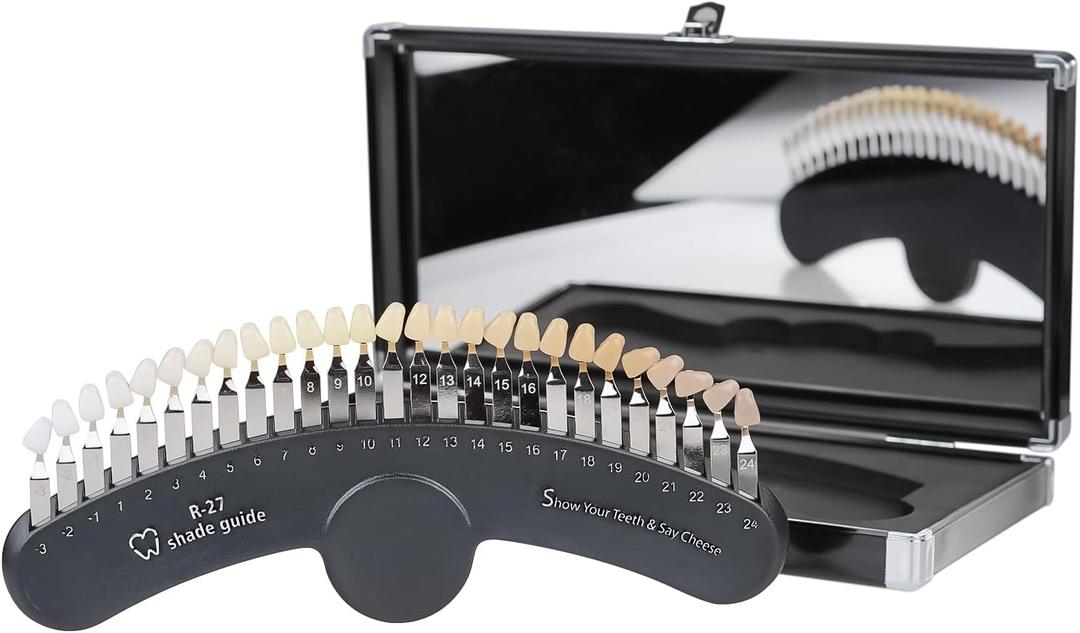 REEHUT R-27 Teeth Whitening Shade Guide Tooth Bleaching Shade Chart 3D R-27 Professional Tooth Color Comparing Tracking with Case & Mirror 27 Colors
