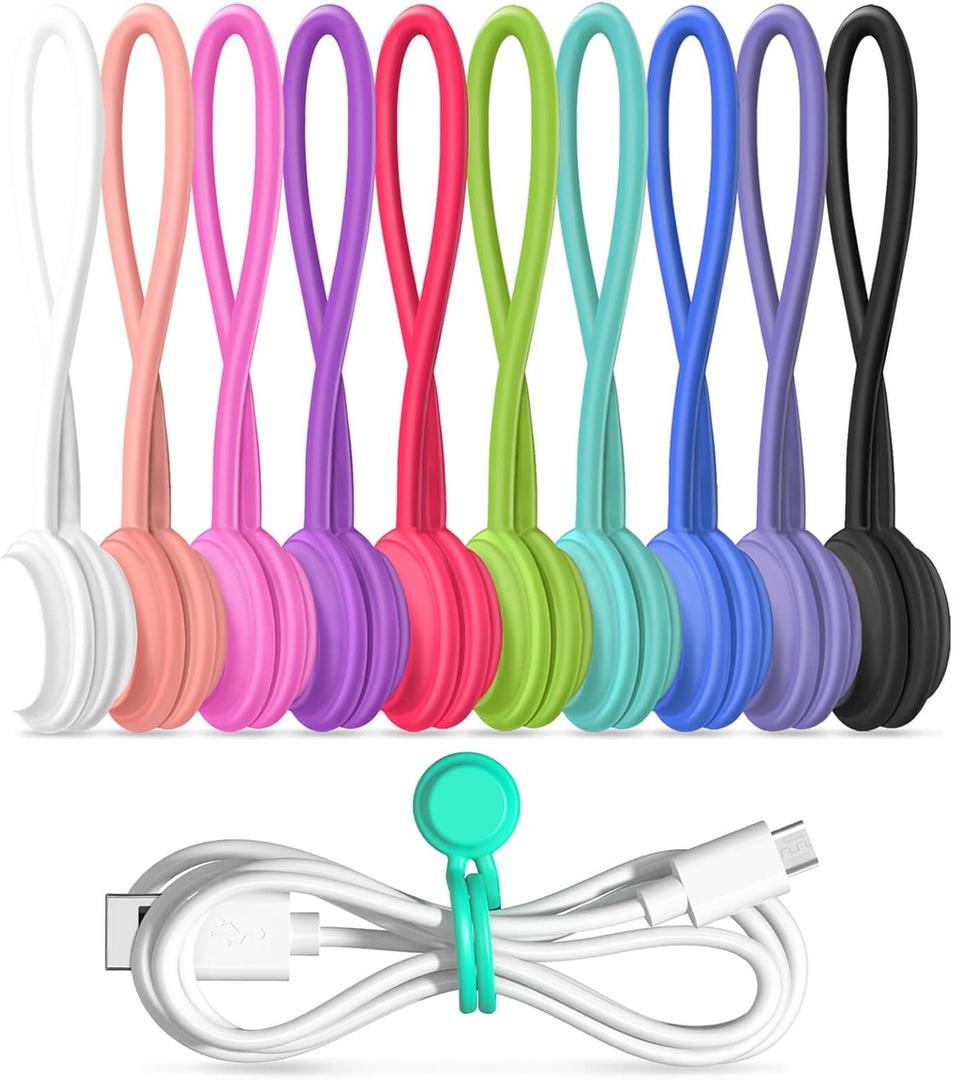 Magnetic Cable Ties 10 PCS Reusable Cable Organizers Earbuds Cords USB Cable Manager Keeper Wrap Ties Straps Bookmark Clips Whiteboard Noticeboard Fridge Magnets for Office, School, Home Organization