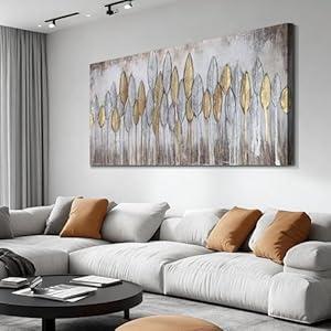 Acocifi Beige Neutral Canvas Wall Art Living Room, Abstract Leaf Gold Textured Painting, Modern Minimalist Picture Artwork Framed for Bedroom Dining Room Office Home Extra Large Decor 58"x29"