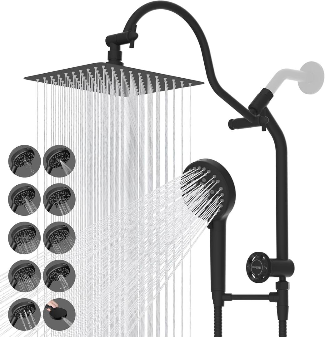 Hibbent Upgraded All Metal 10 Shower Head for Easy Reach, High Pressure Rainfall Showerhead Combo with 10-mode Handheld Spray, 12'' Extension Arm, 4-way Diverter, 71'' Hose, Showerhead Holder, Black