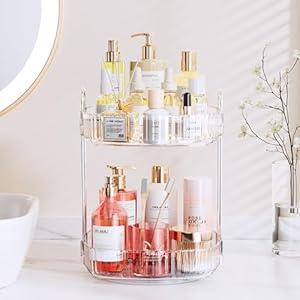 Delamu Rotating Bathroom Countertop Organizer, 2-Tier Multi-Function Skincare Storage, Makeup Organizer Countertop for Vanity Bathroom, Clear