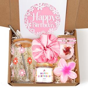 Birthday Gifts for Women, Teen Girl Gifts, Birthday Gift for Her, Happy Bday Gift Box for Girl, Women, Sister, Daughter, Best Friend, Friendship, Cute Daisy Glass Cup Set 7PCS, 16oz, Pink