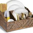 Paper Plate Dispenser, Paper Plate Holder for Kitchen Counter, Wood Rustic Silverware Utensil Caddy, Cutlery Flatware Organizer Box for Cups Spoons Forks Plates Napkins, Kitchen Accessories (Brown)