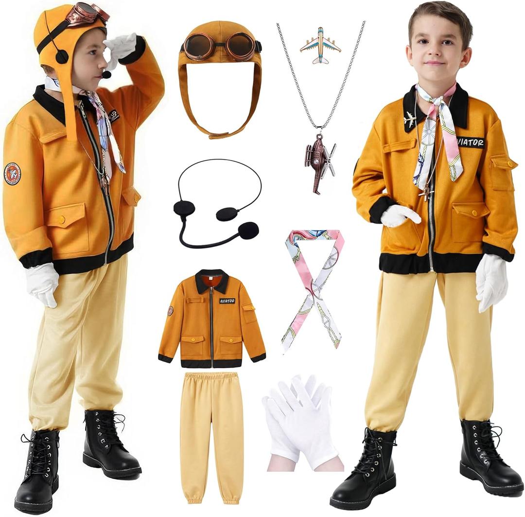 Akokvlar 9 Pcs Kids Pilot Aviator Costume Earhart Historical Costume for Girls Boys (9-10 Years, Brown)
