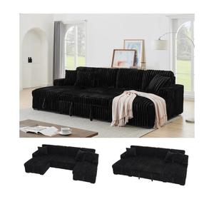 122'' Convertible U-Shaped Faux Rabbit Fur Plush Sectional Sleeper Sofa, Upholstered Cloud Couch Pull-Out Sofa Bed with Storage Chaise for Living Room (Black, 122'' x 64'')