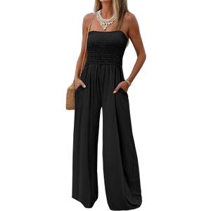 AUXDIO Womens Casual Strapless Summer Jumpsuits Loose Off Shoulder Smocked Sleeveless Wide Leg Romper with Pockets (Small, Black)