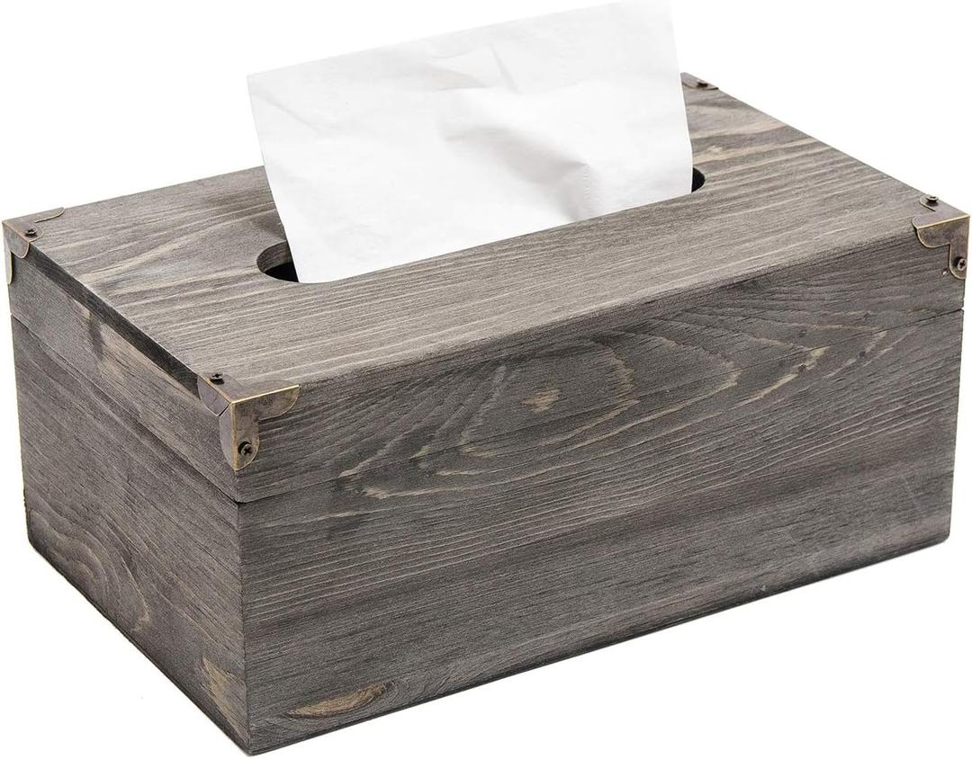 Liry Products Rustic Gray Distressed Wood Facial Tissue Paper Box Metal Corner Brackets Hinge Lid Top Cover Torched Wooden Holder Standard Size Rectangular Napkin Dispenser Bathroom Kitchen Bedroom
