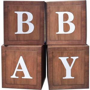 Baby Boxes with Letters for Shower, 4pcs Decorations for Boy Girl Balloon Boxes Gender Reveal Birthday Party Favors (Wood)