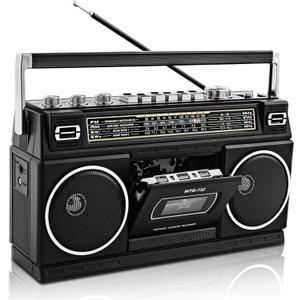 Retro Classic 80s Style Portable Boombox with Cassette Player Recorder, AM/FM/SW1/SW2 Radio, Bluetooth, USB/Micro SD Slots, Headphone Jack, 24W Dual Full-Range High Bass Speakers (Black)