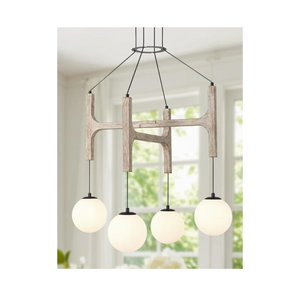 Farmhouse Antique White Wood Chandelier, 4-Lights Rustic Dining Room Light Fixture Kitchen Island Lighting, Vintage Milk Glass Globe Pendant Chandelier Hanging for Living Room Entryway