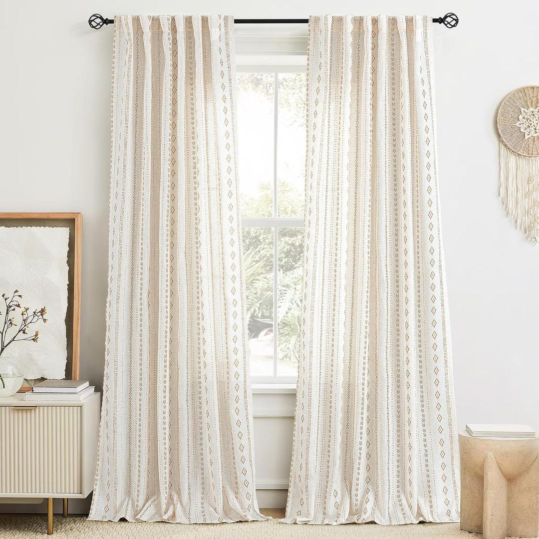 Natural Linen Boho Curtains for Living Room Light Filtering Gold Stripe Geometric Pattern Semi Sheer Curtains 102 inch Long Western Bohomian Drapes Cream Rustic Farmhouse Home Decor Back Tab 2 Panels