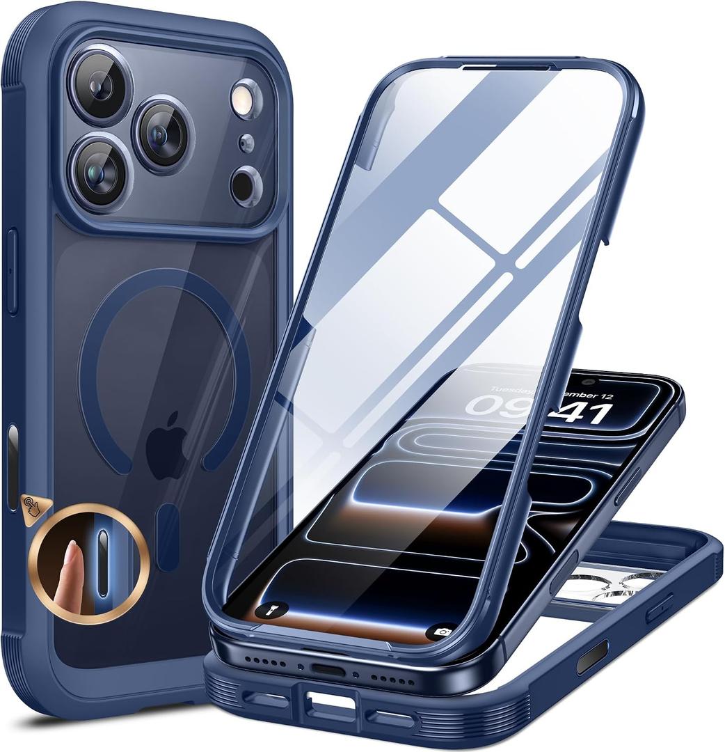 Miracase for iPhone 17 Pro Max Case 6.9" Full-Body Phone Case with Built-in Glass Screen Protector& Full Camera Protector,[Magnetic with MagSafe] Drop Proof 17 ProMax Cover, Blue