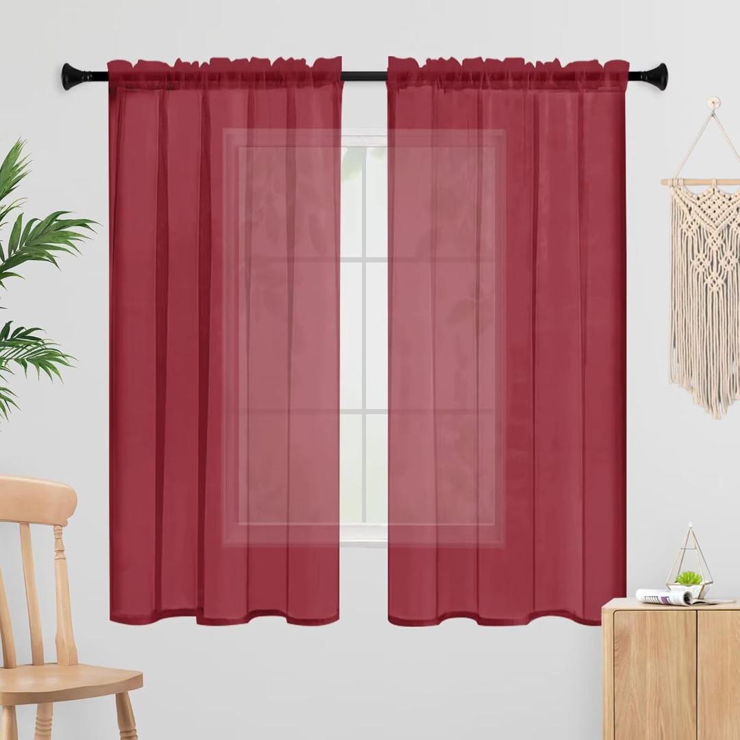 Sheer Curtains 54 Inches Long 2 Panels, Rod Pocket Short Curtain for Kitchen, Bedroom, Cafe Window (Burgundy 38" W x 54" L)