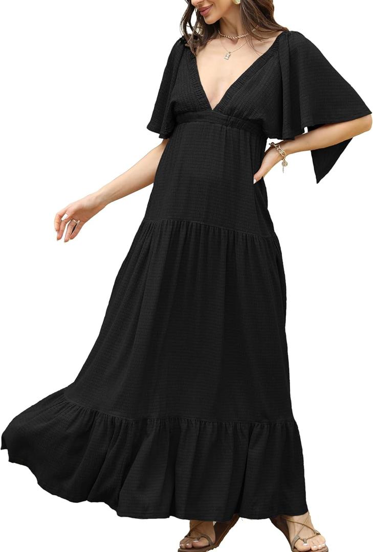 Kikibell Women Summer Dresses Sexy V-Neck Maxi Dress Tiered Silhouette with Flutter Sleeve Backless Elastic Waist Flowy Dress (Large, Black)