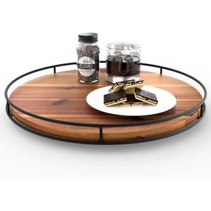 16" Acacia Wood Lazy Susan Turntable with Metal Frame - Large Lazy Susans Organizer Countertop Storage - Wooden Serving Tray for Charcuterie Cheese Board - Kitchen Counter Rotating