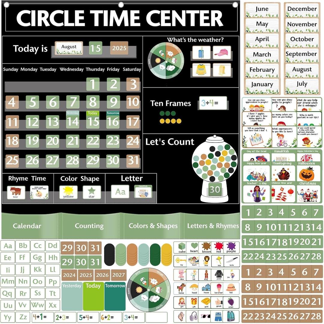 357 Pcs Greenery Circle Time Center Classroom Educational Pocket Charts Calendar Teaching Materials for Kids Toddler Learning Activities Teacher Educational Supplies Classroom Home Must Have 39.5 inch