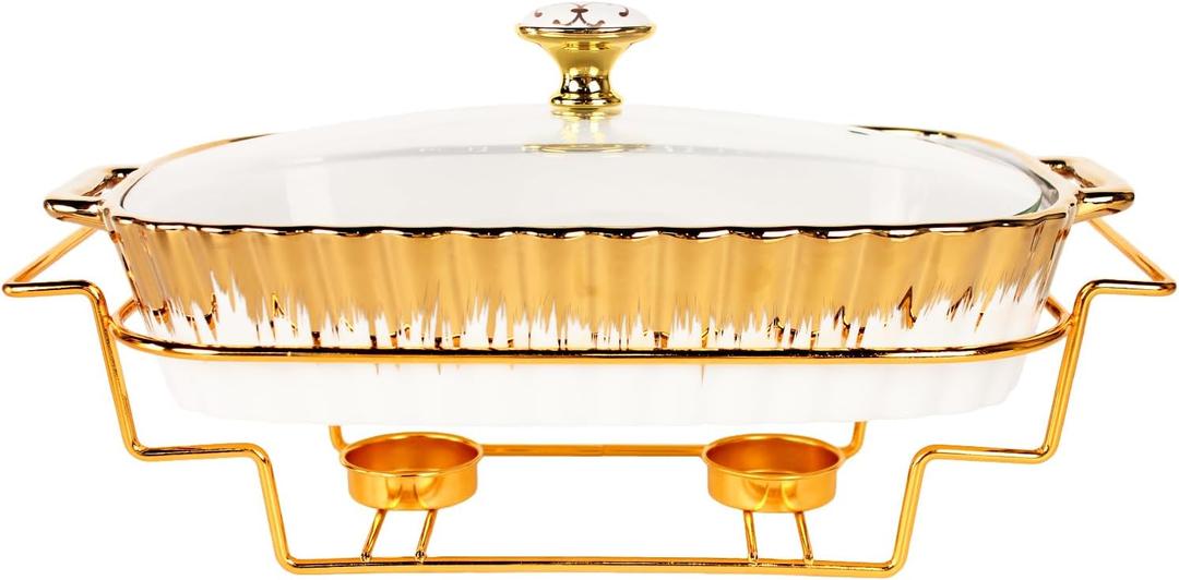 Ceramic Casserole Baking Dish With Glass Lid and golden rack, 14 Inch Lasagna Pan Deep for Oven, 1.6 Quarts Baking Pan with Handles, Oven Safe & Durable Bakeware for Home Decor