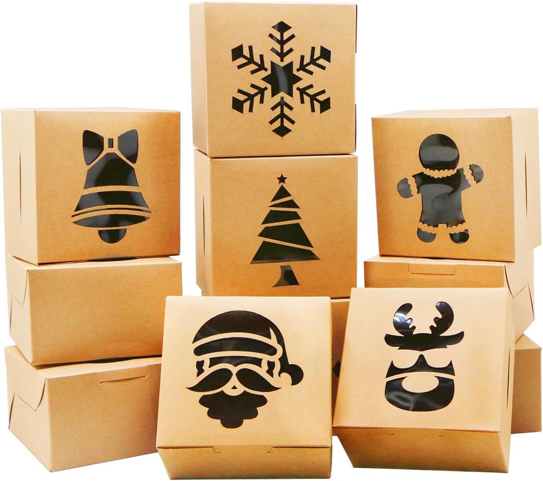 36 PCS Christmas Cookie Boxes for Gift Giving, Brown Bakery Treat Boxes for Pastries, Cupcakes, Brownies, Cookies,Donuts 4"x 4"x 2.5"